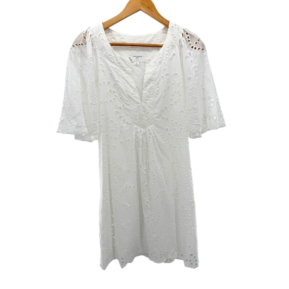 Pomander Place White Cotton Eyelet Flutter Sleeve Tunic Dress Beach‎ Womens L